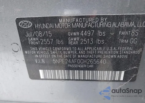 2016 Hyundai Sonata Se from USA, damaged, VIN 5NPE24AF0GH265640
